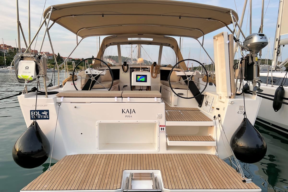 Exterior view of Kaja, a Dufour 430 GL sailboat at Grad Pula, Croatia