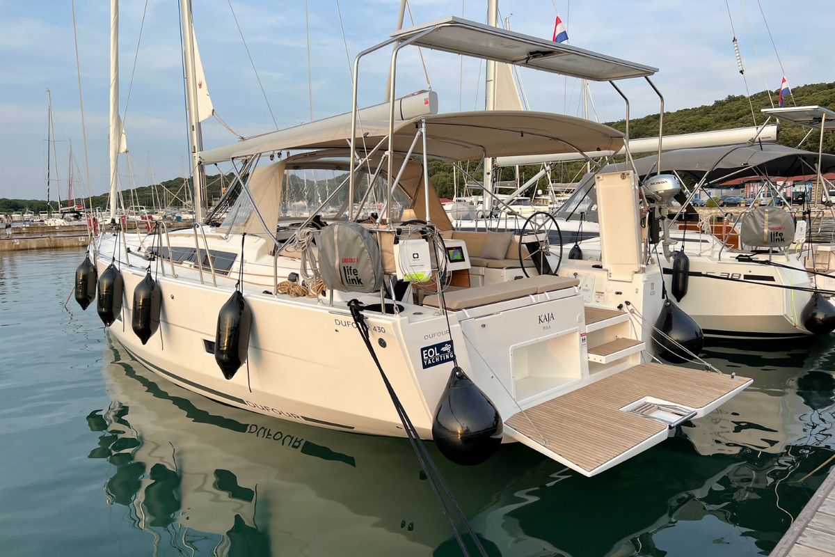 Exterior view of Kaja, a Dufour 430 GL sailboat at Grad Pula, Croatia