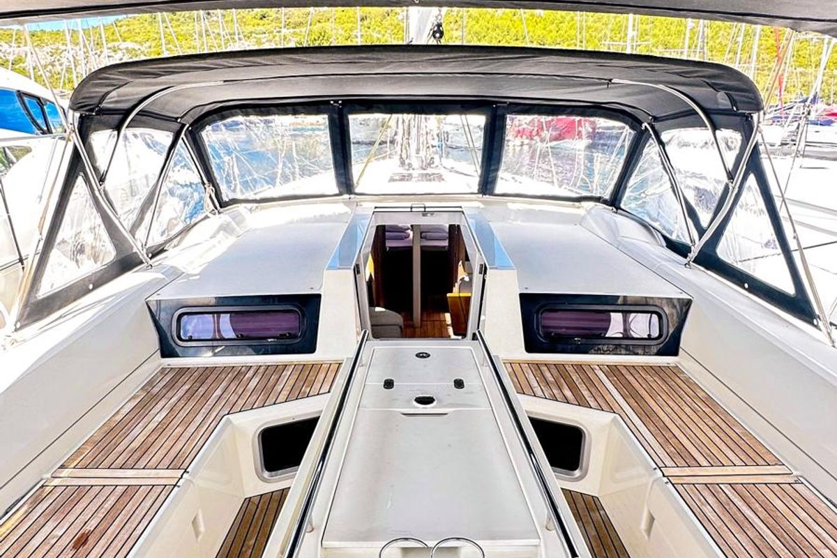 Cockpit of Full Moon, a Beneteau Oceanis 51.1 sailboat at Primošten, Croatia