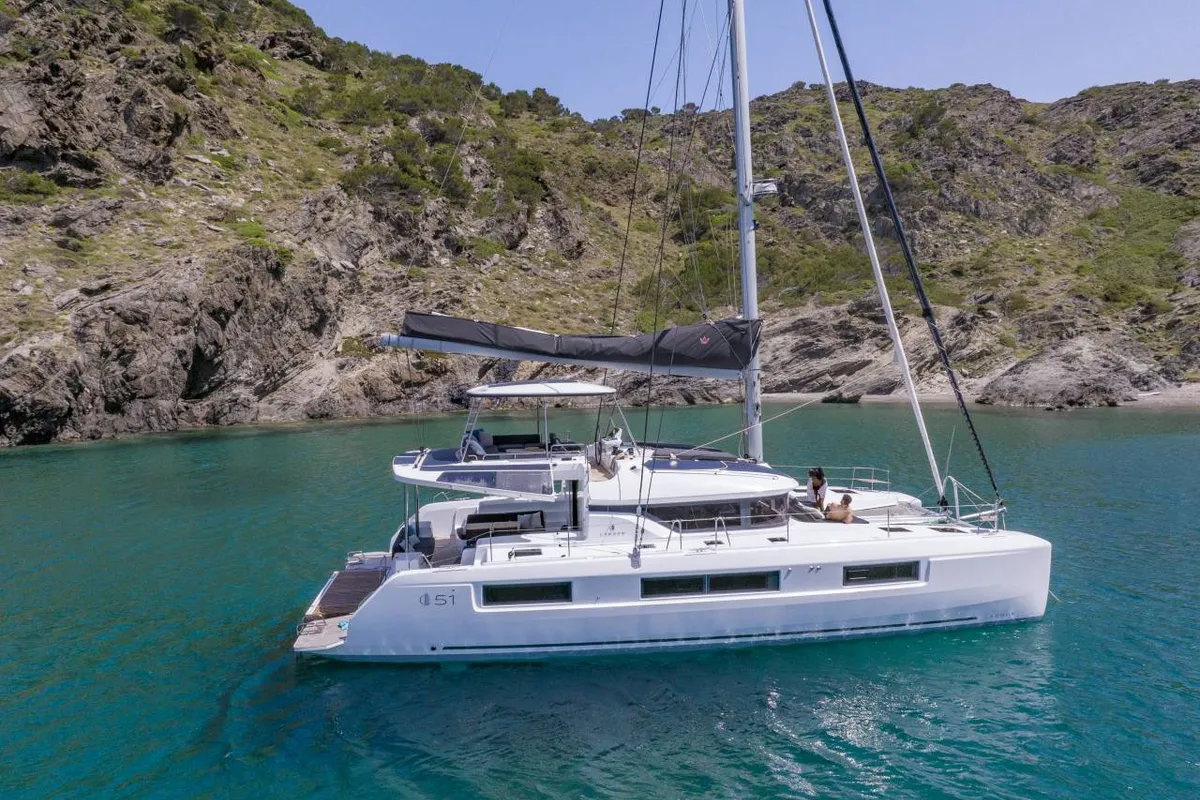 Exterior view of Nowo, a Lagoon 51 catamaran at Seychelles, Mahe, Seychelles