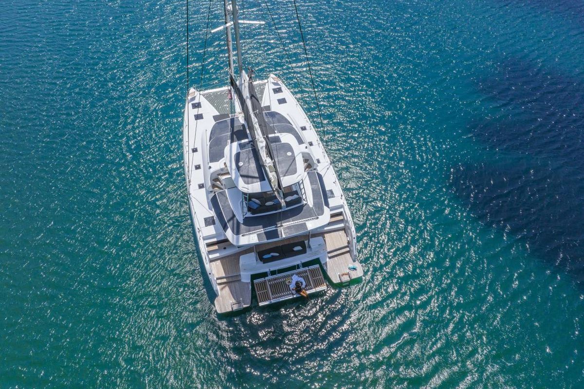 Exterior view of Nowo, a Lagoon 51 catamaran at Seychelles, Mahe, Seychelles