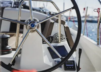 Cockpit of Ecume, a Jeanneau Sun Odyssey 440 sailboat at Lavreotiki Municipal Unit, Greece