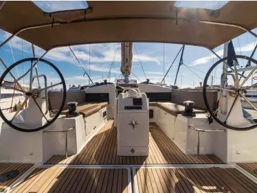 Cockpit of Ecume, a Jeanneau Sun Odyssey 440 sailboat at Lavreotiki Municipal Unit, Greece