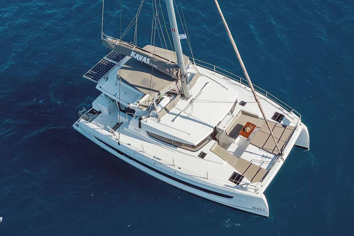 Exterior view of Kos 42.9, a Bali 4.2 catamaran at Athens, Greece