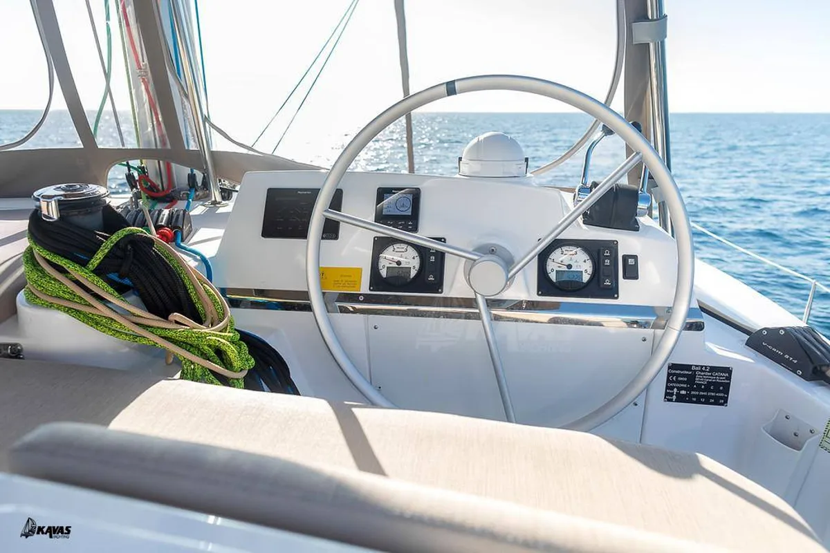Cockpit of Kos 42.9, a Bali 4.2 catamaran at Athens, Greece