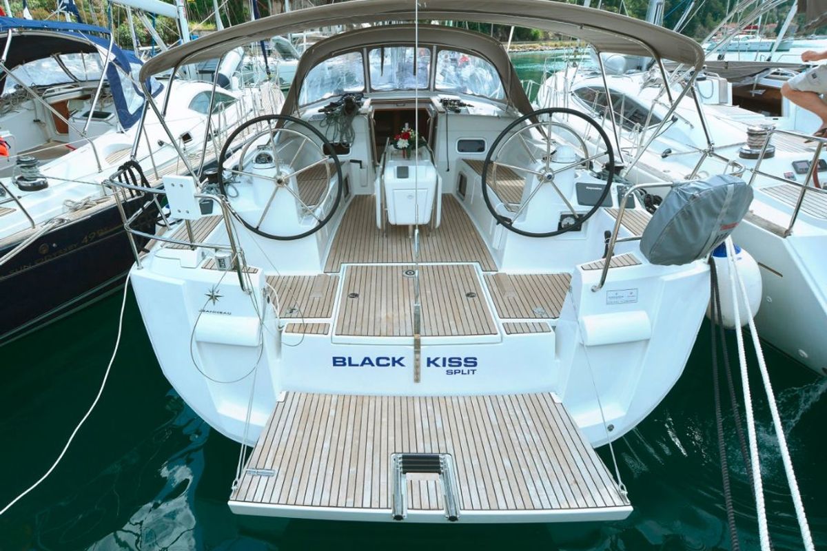 Cockpit of Black Kiss, a Jeanneau Sun Odyssey 479 sailboat at Dubrovnik, Croatia