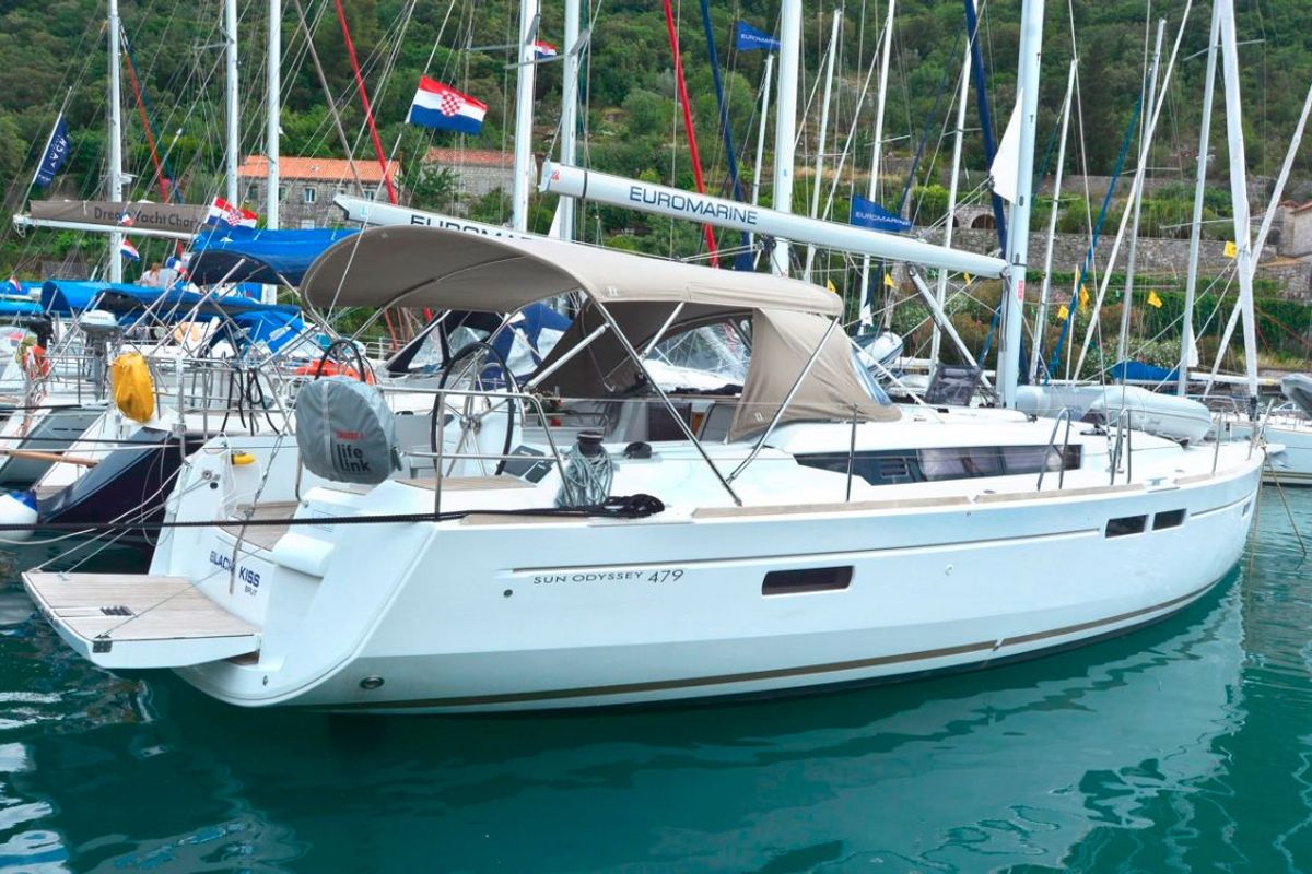 Exterior view of Black Kiss, a Jeanneau Sun Odyssey 479 sailboat at Dubrovnik, Croatia