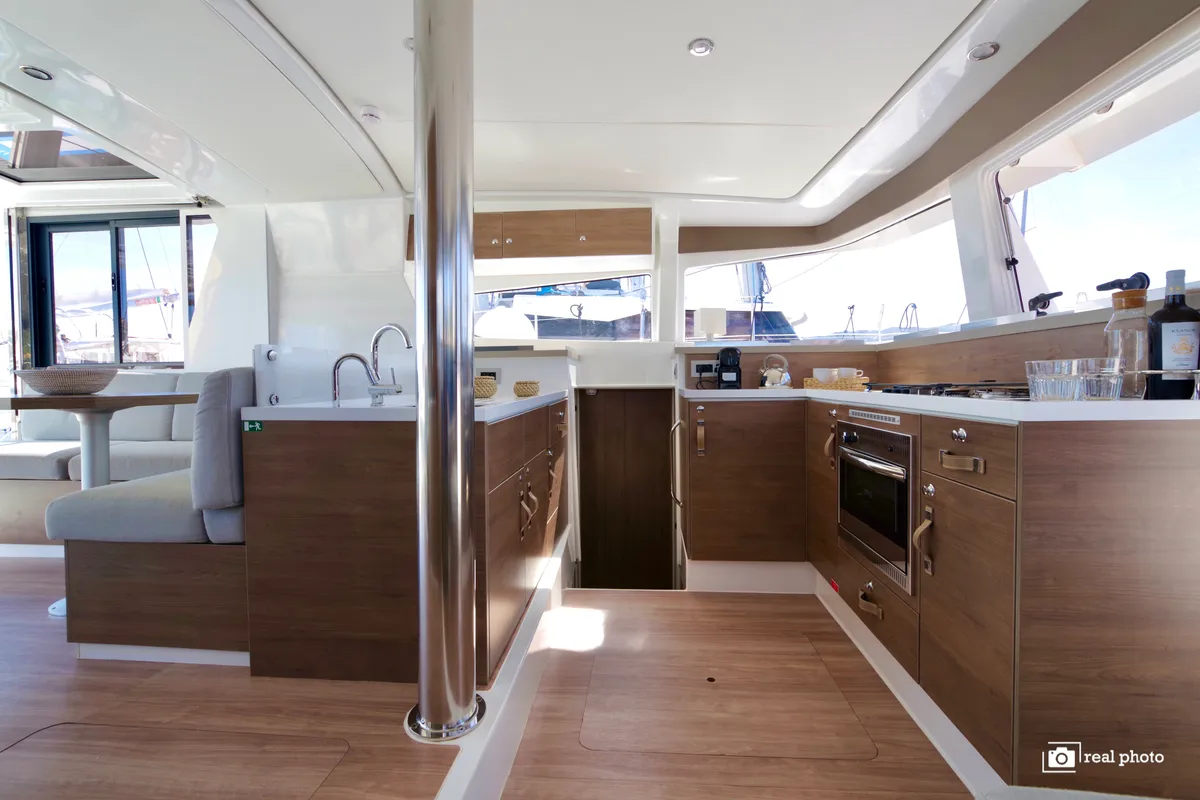 Galley of Orsa I, a Bali 4.2 catamaran at Cannigione, Italy