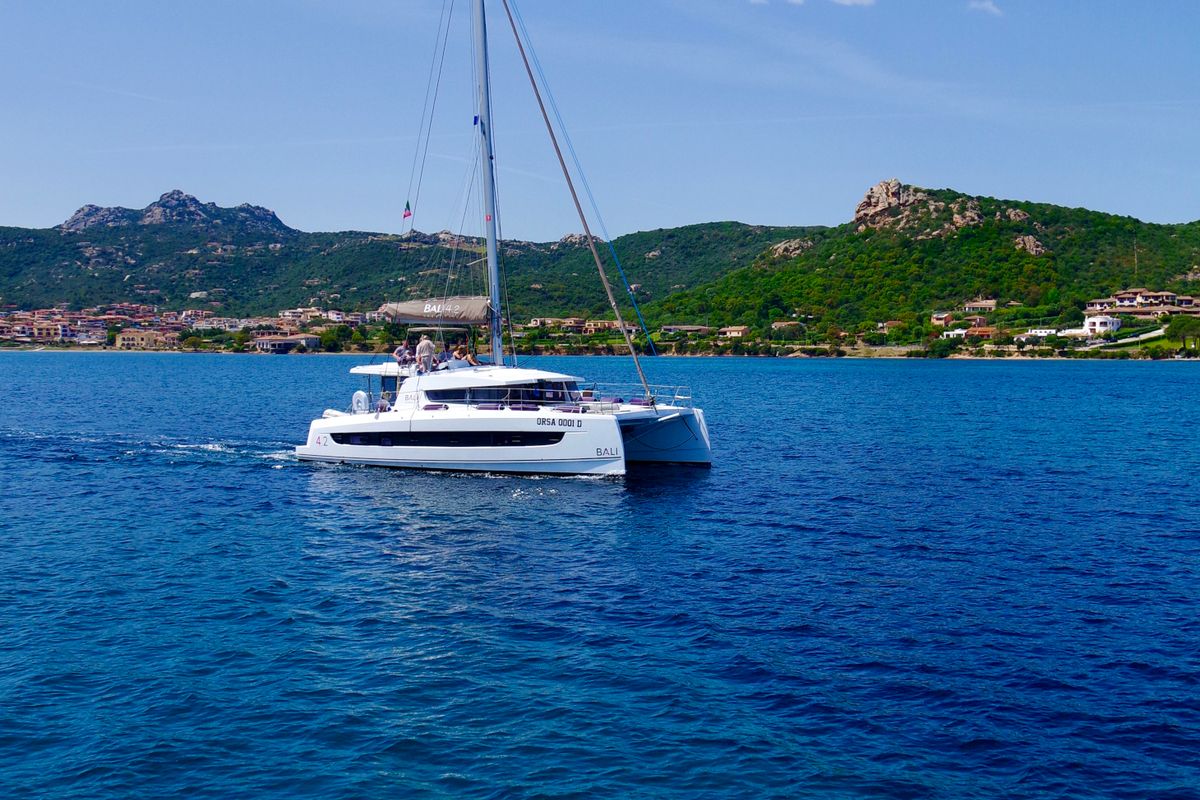 Exterior view of Orsa I, a Bali 4.2 catamaran at Cannigione, Italy