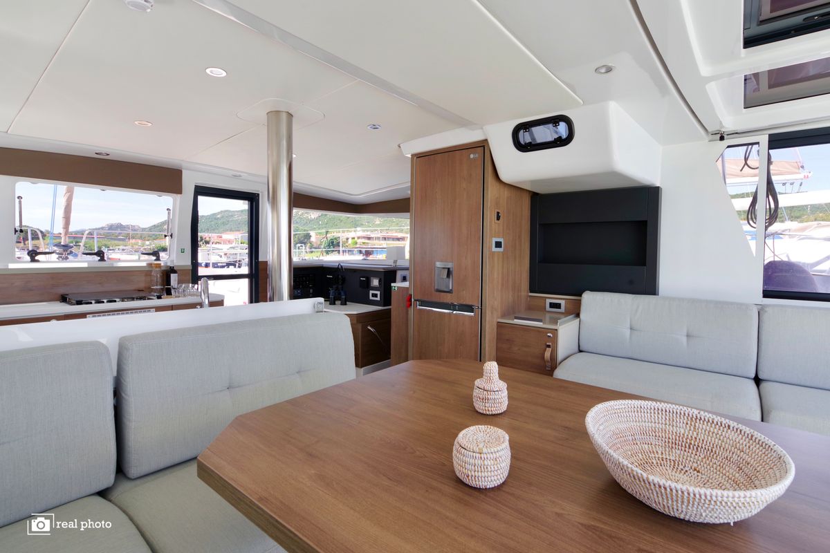 Salon of Orsa I, a Bali 4.2 catamaran at Cannigione, Italy