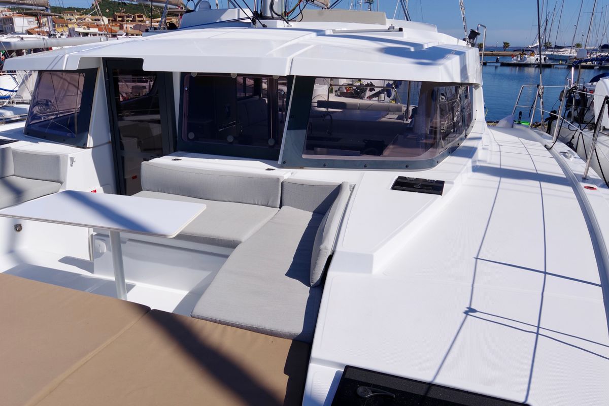 Deck of Orsa I, a Bali 4.2 catamaran at Cannigione, Italy