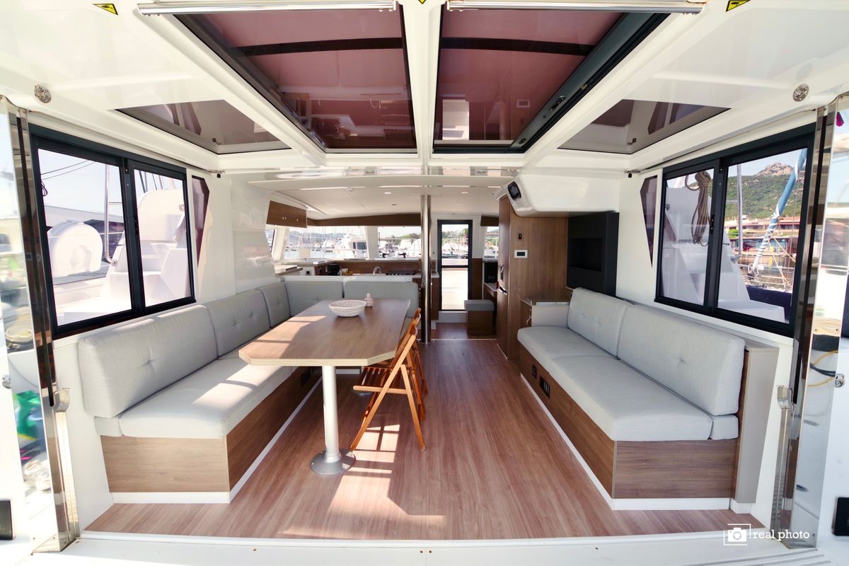 Salon of Orsa I, a Bali 4.2 catamaran at Cannigione, Italy