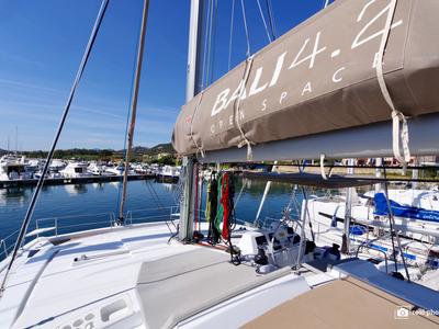 Deck of Orsa I, a Bali 4.2 catamaran at Cannigione, Italy