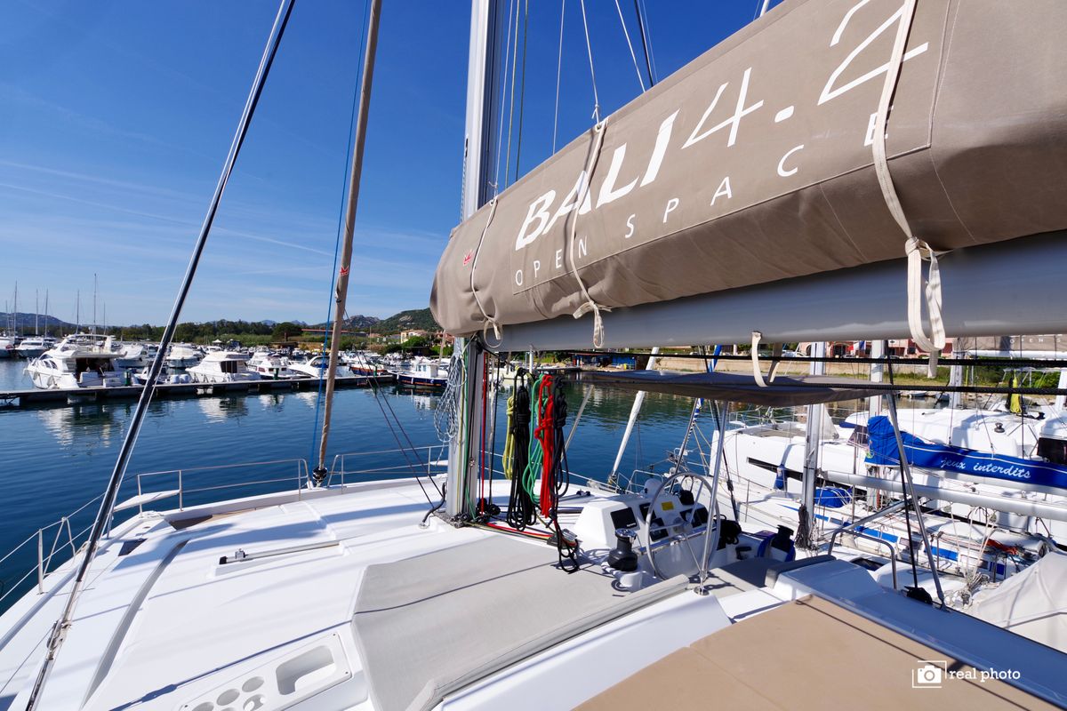 Deck of Orsa I, a Bali 4.2 catamaran at Cannigione, Italy