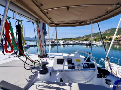 Cockpit of Orsa I, a Bali 4.2 catamaran at Cannigione, Italy