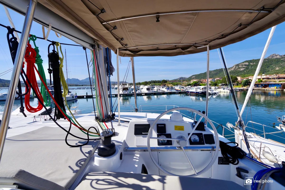 Cockpit of Orsa I, a Bali 4.2 catamaran at Cannigione, Italy