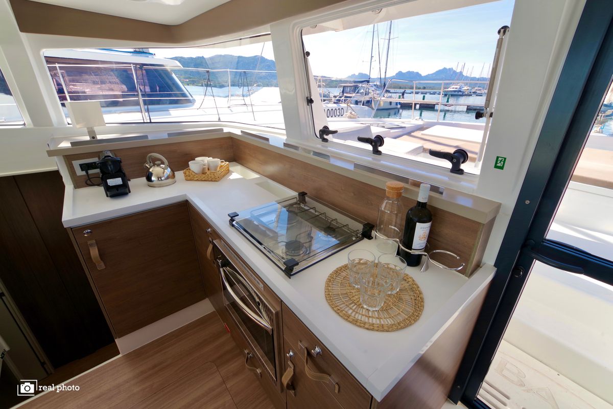 Galley of Orsa I, a Bali 4.2 catamaran at Cannigione, Italy