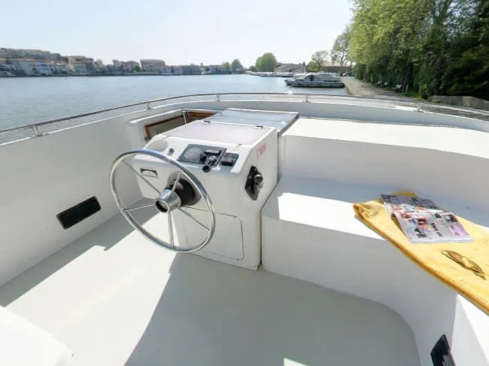 Cockpit of Royal Classique, a Cygnet Royal Classique motorboat at Hessel, United States
