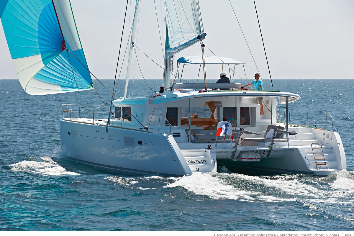 Exterior view of Lipopette, a Lagoon 450 catamaran at Propriano, France