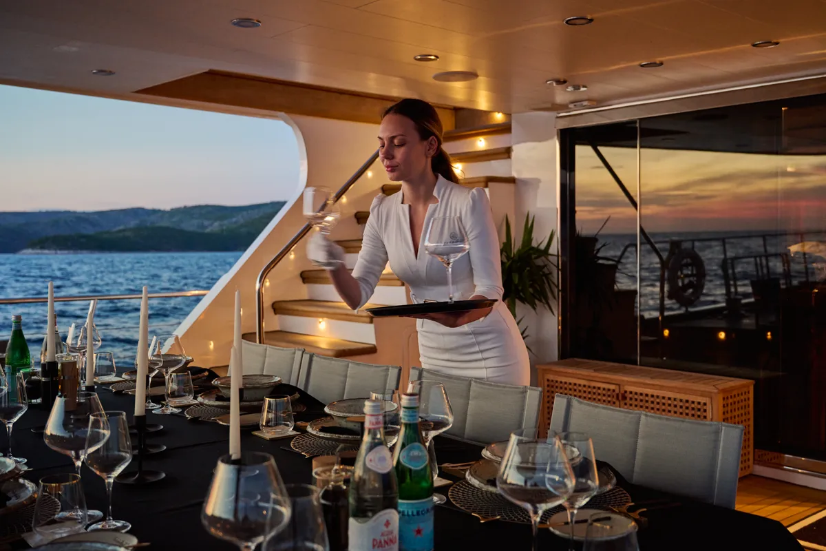 Head on Lady Gita, a Gulet Motor sailer yacht at Split, Croatia