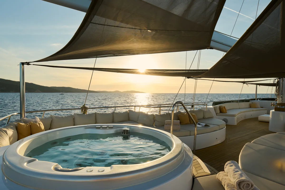 Deck of Lady Gita, a Gulet Motor sailer yacht at Split, Croatia