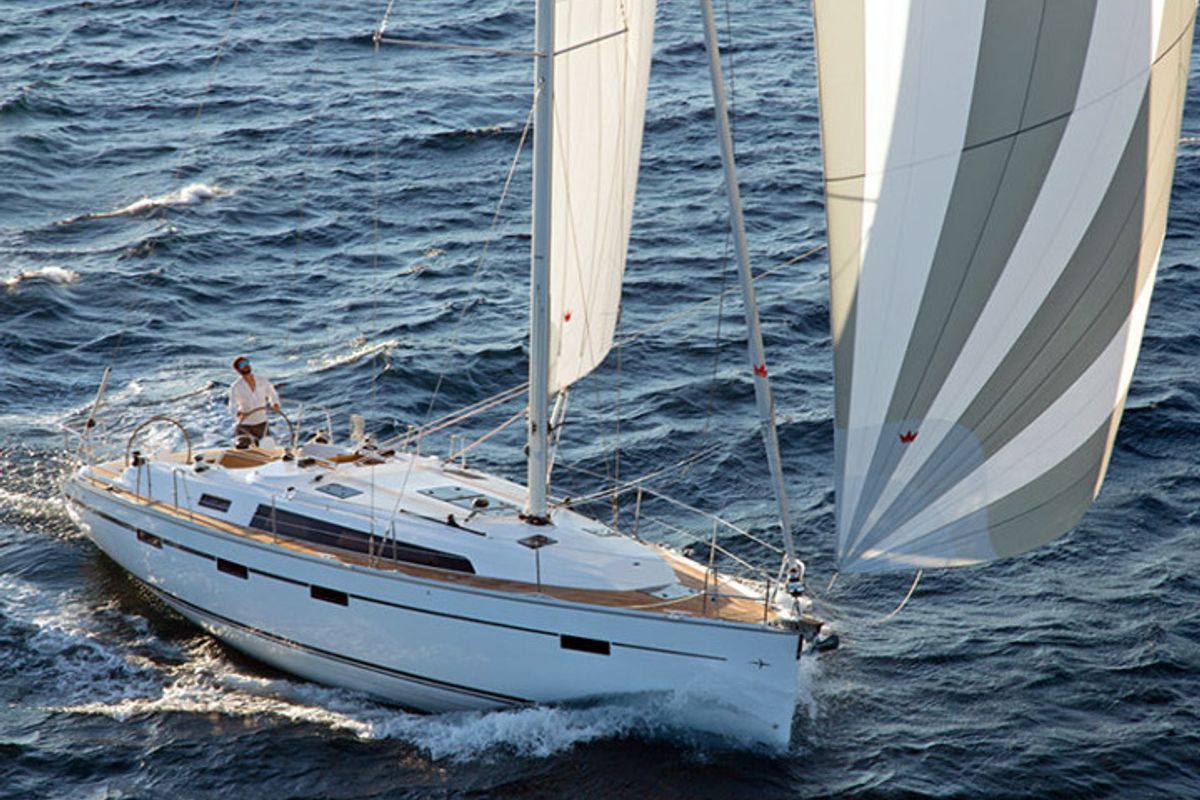 Exterior view of AF-B41C, a Bavaria Cruiser 41 sailboat at Municipal Unit of Lefkada, Greece