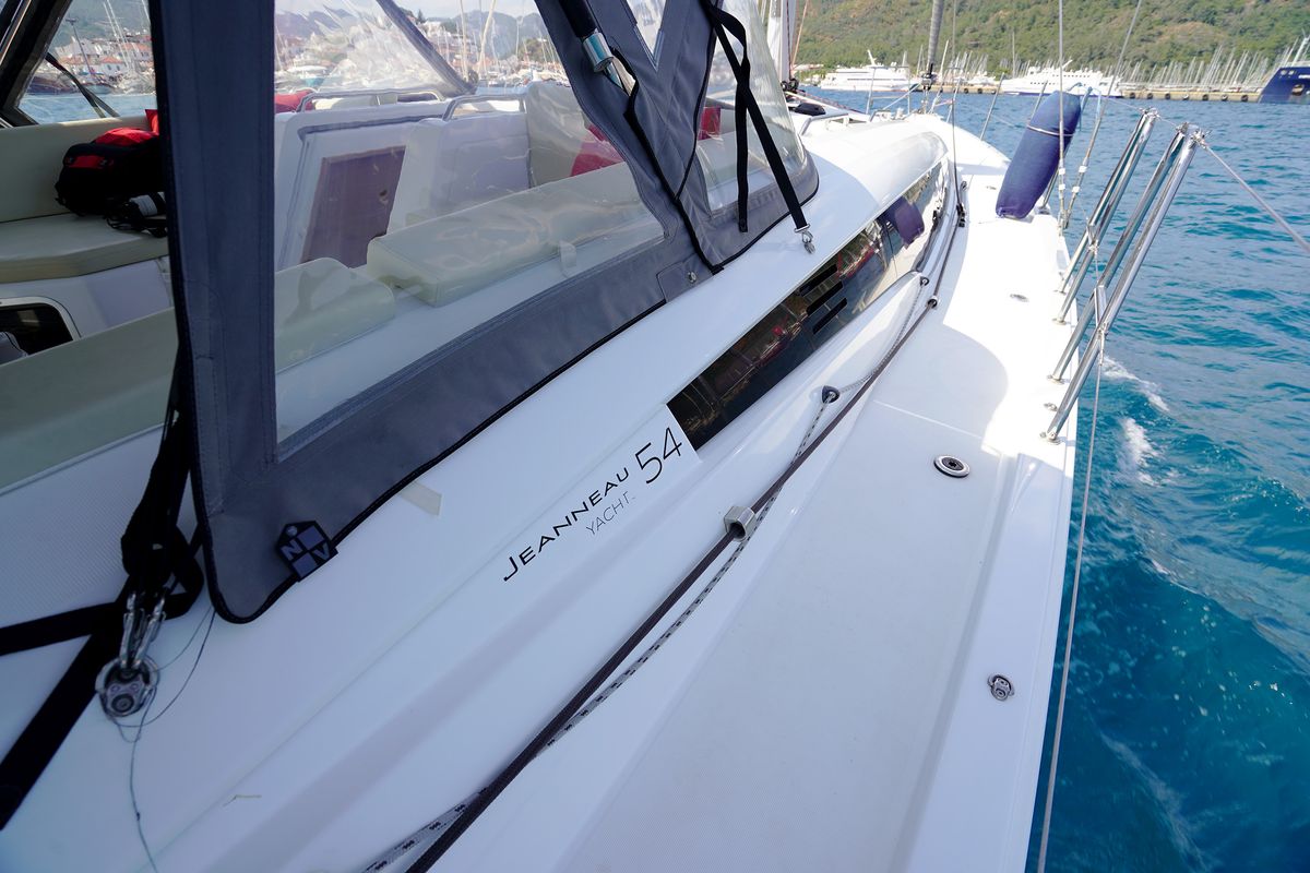 Deck of Sunlark, a Jeanneau 54 sailboat at Marmaris, Turkey