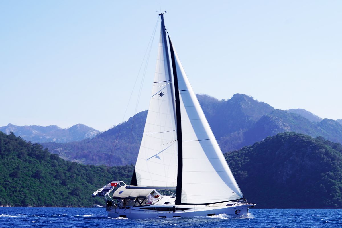 Exterior view of Sunlark, a Jeanneau 54 sailboat at Marmaris, Turkey