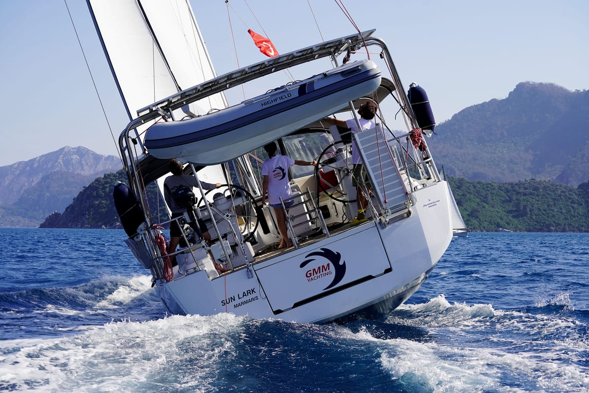 Exterior view of Sunlark, a Jeanneau 54 sailboat at Marmaris, Turkey