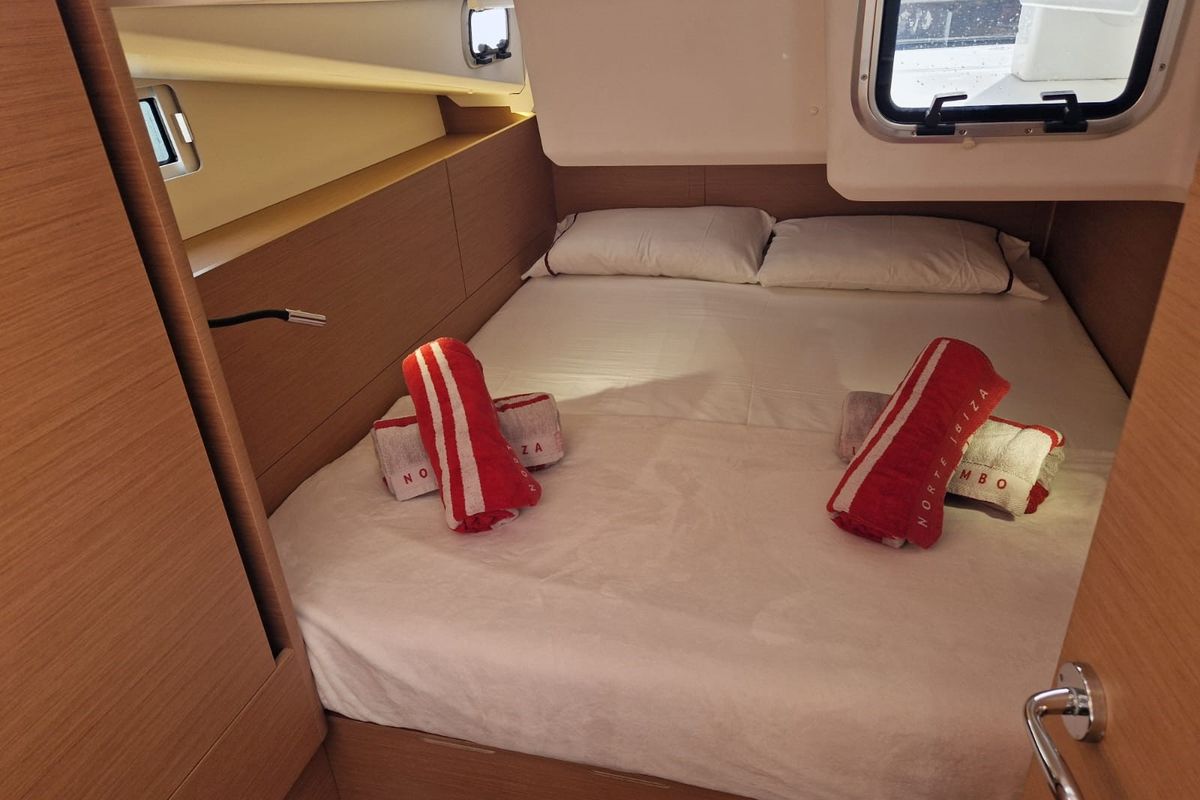 Cabin on Koala II, a Jeanneau Sun Odyssey 440 sailboat at Sant Antoni de Portmany, Spain
