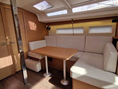 Salon of Koala II, a Jeanneau Sun Odyssey 440 sailboat at Sant Antoni de Portmany, Spain