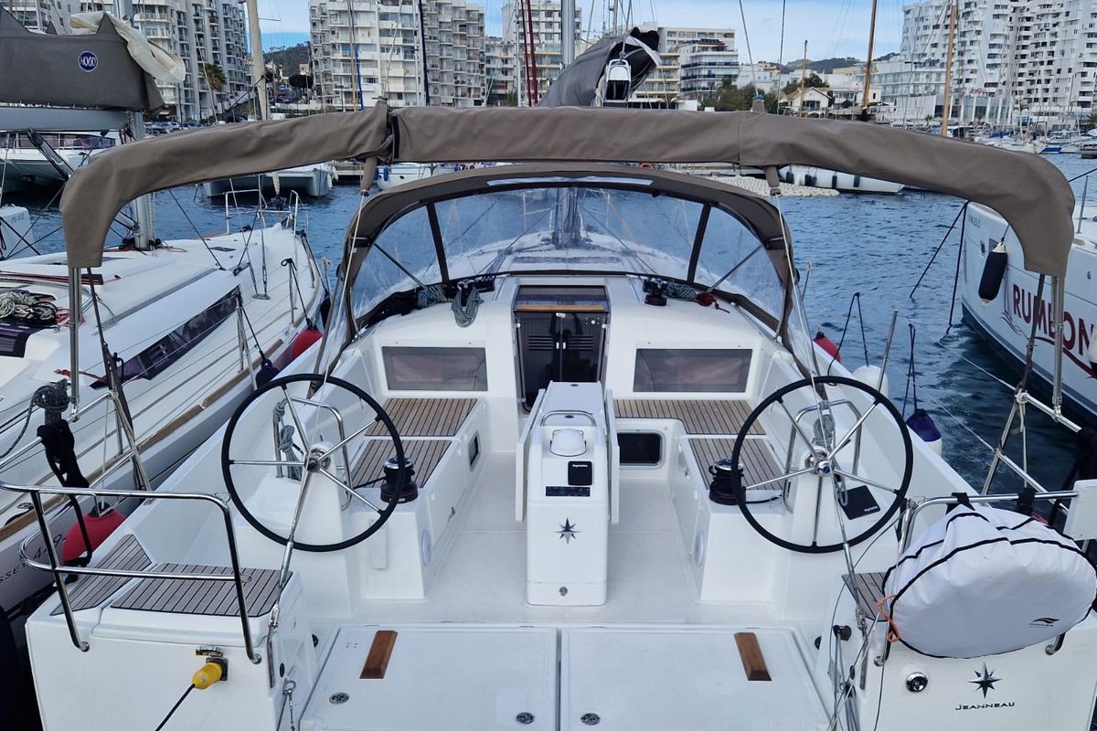 Cockpit of Koala II, a Jeanneau Sun Odyssey 440 sailboat at Sant Antoni de Portmany, Spain