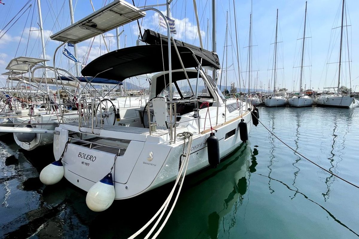 Exterior view of Bolero, a Beneteau Oceanis 41 sailboat at Athens, Greece