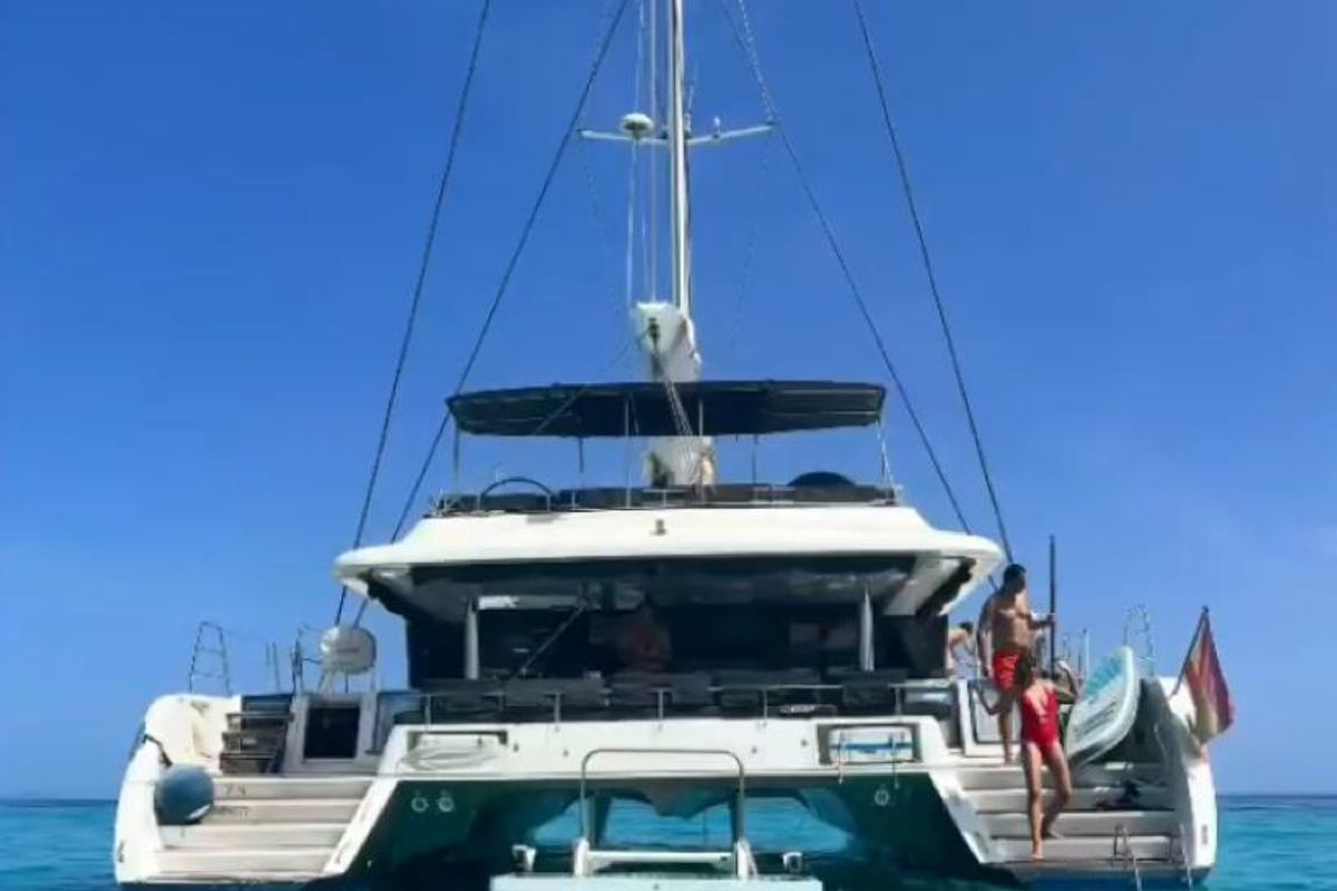 Exterior view of ZS, a Lagoon 620 catamaran at Ibiza, Spain