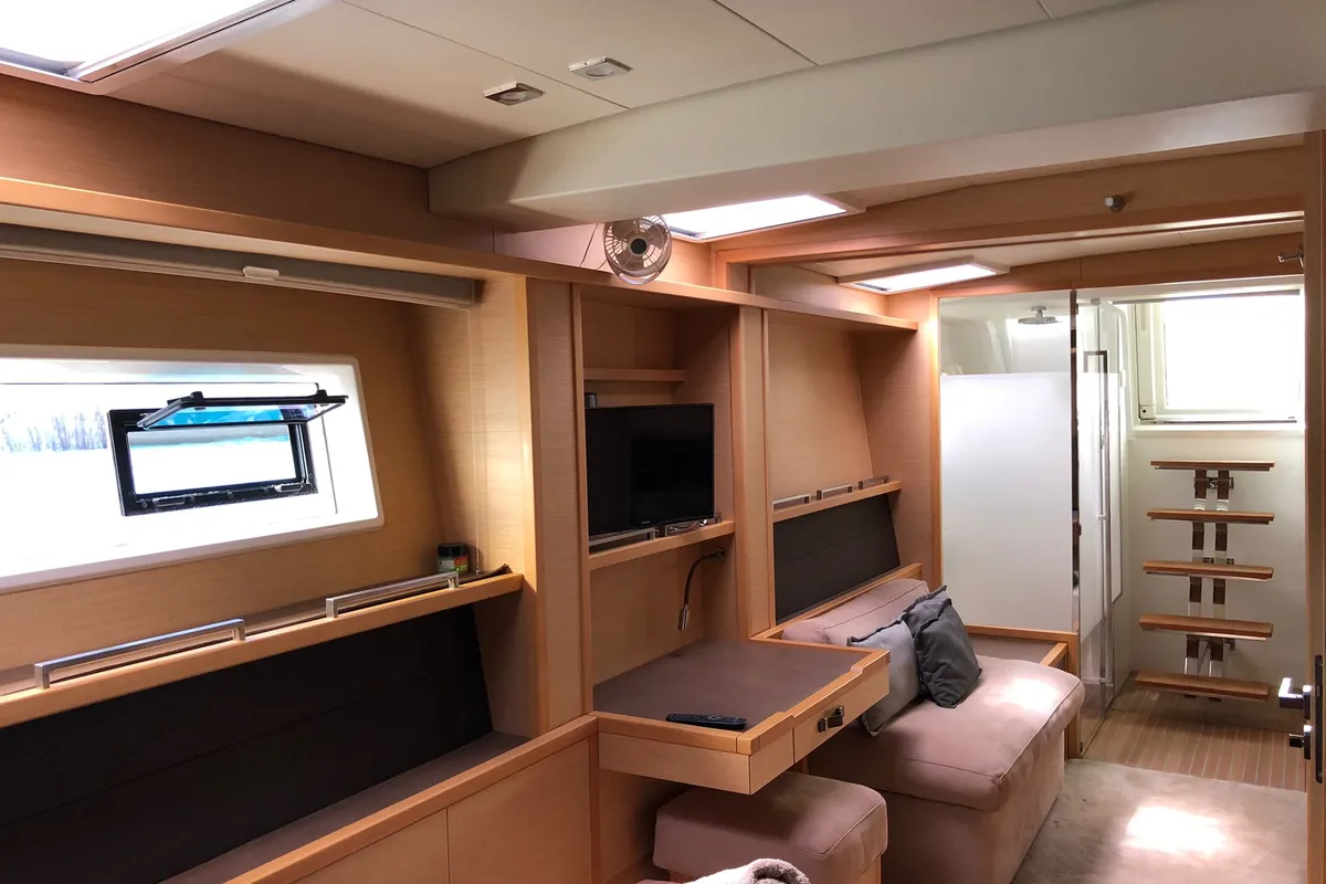 Salon of ZS, a Lagoon 620 catamaran at Ibiza, Spain
