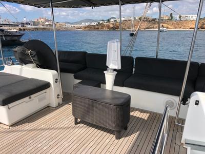 Deck of ZS, a Lagoon 620 catamaran at Ibiza, Spain