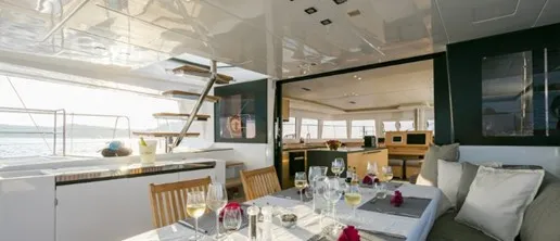 Exterior view of ZS, a Lagoon 620 catamaran at Ibiza, Spain