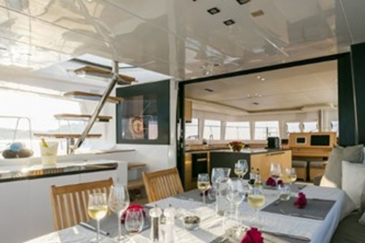 Deck of ZS, a Lagoon 620 catamaran at Ibiza, Spain