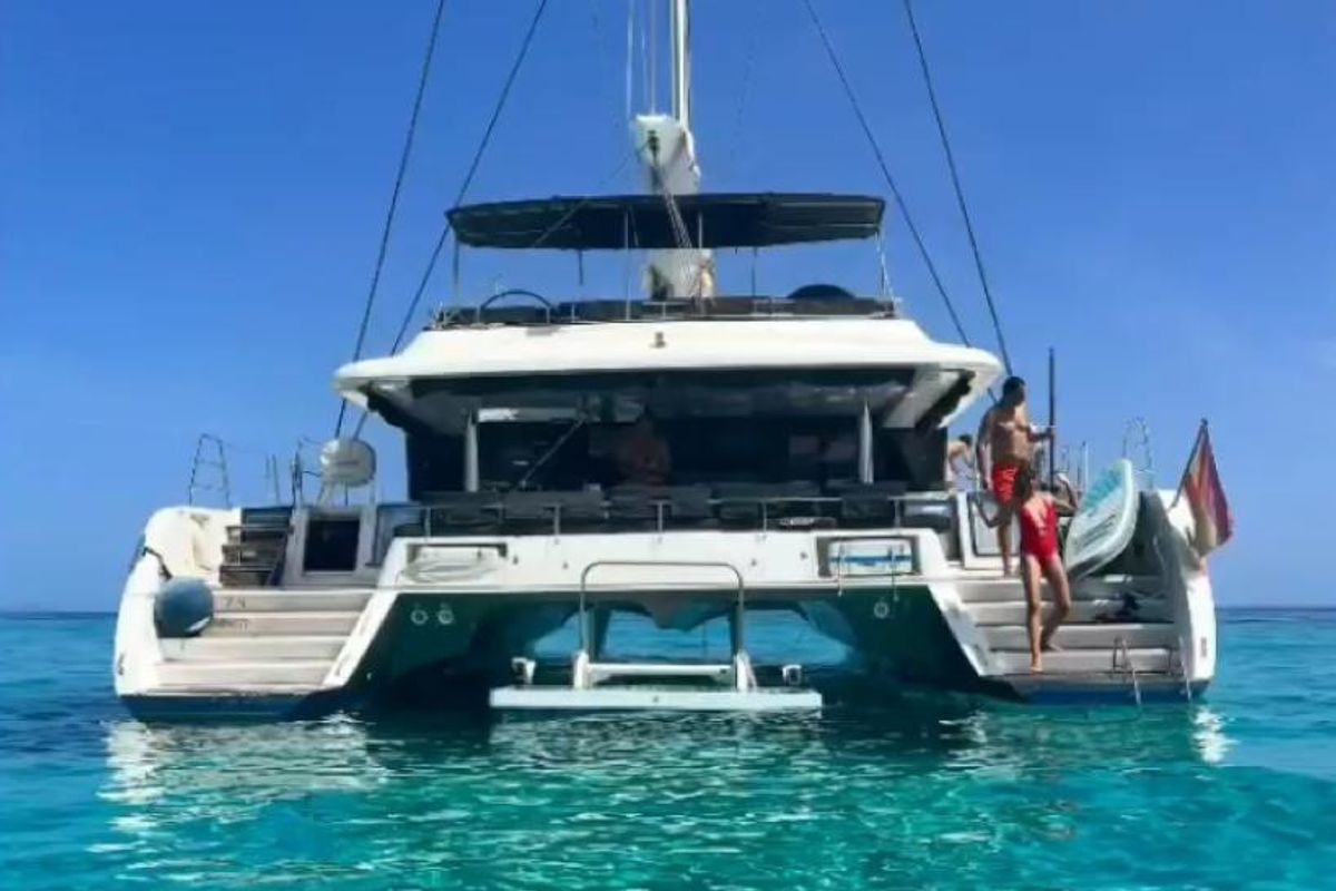 Exterior view of ZS, a Lagoon 620 catamaran at Ibiza, Spain