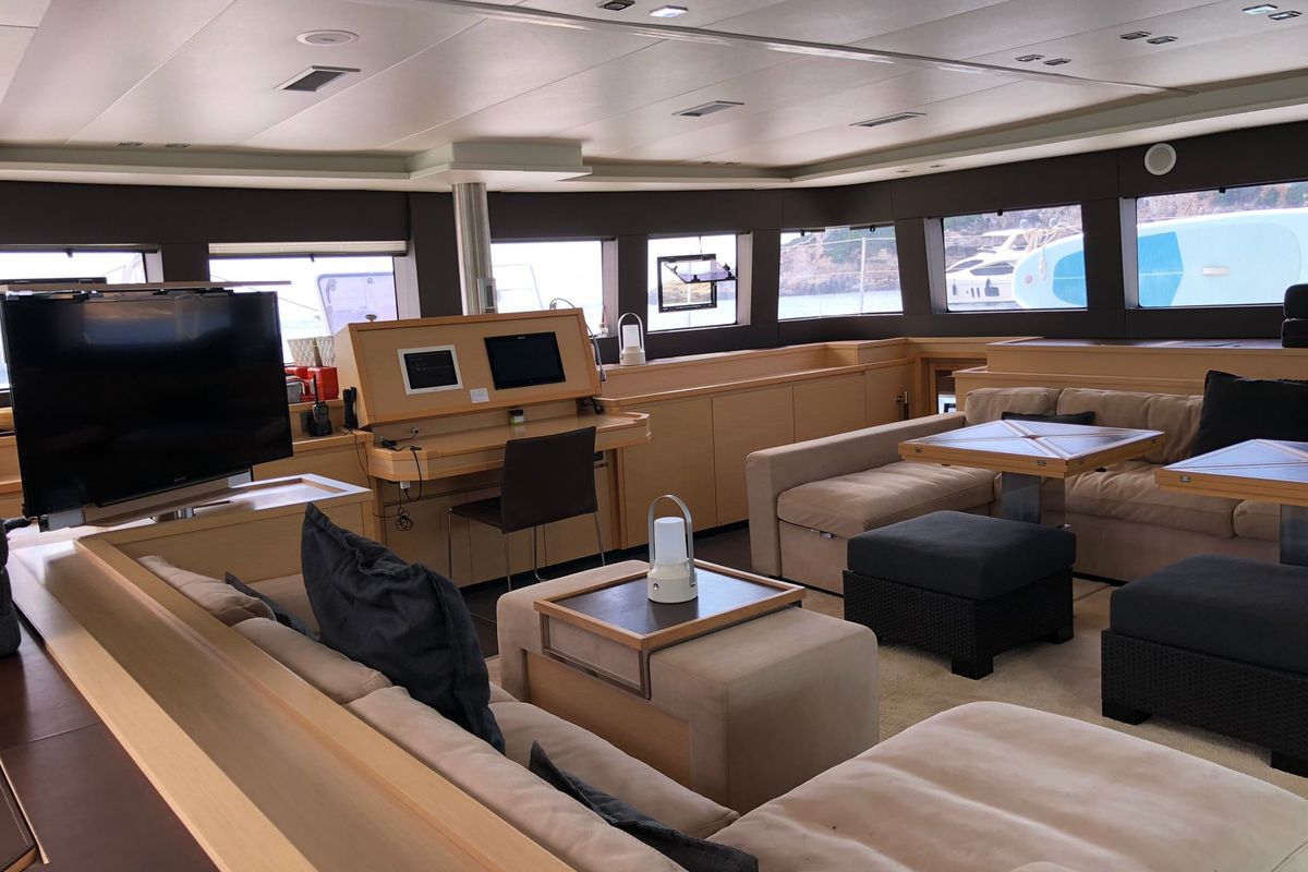 Salon of ZS, a Lagoon 620 catamaran at Ibiza, Spain