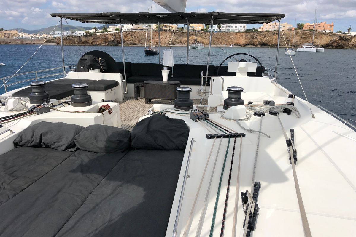 Deck of ZS, a Lagoon 620 catamaran at Ibiza, Spain