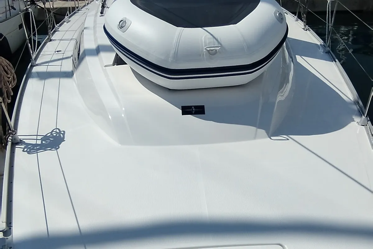 Deck of Mirka 5, a Bavaria Cruiser 46 sailboat at Split, Croatia