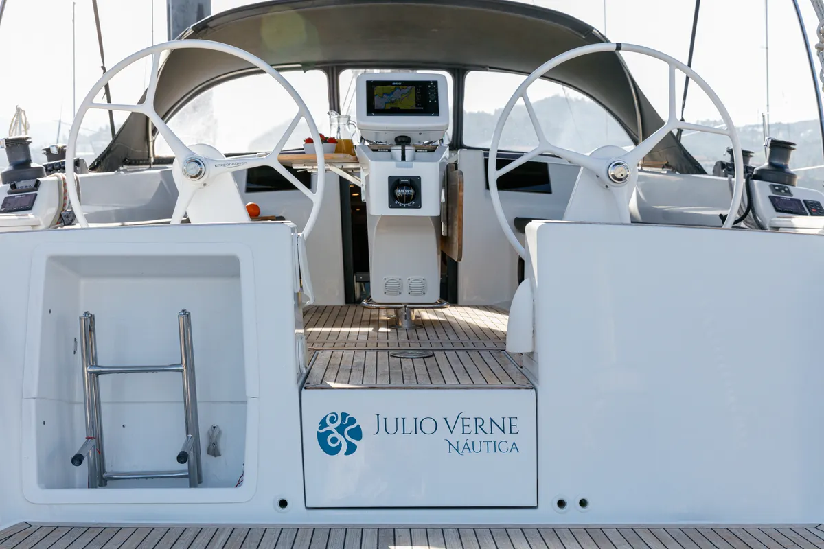 Cockpit of Kraken, a Hanse Yachts Hanse 415 sailboat at Baiona, Spain