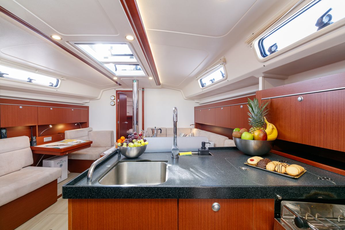 Galley of Kraken, a Hanse Yachts Hanse 415 sailboat at Baiona, Spain