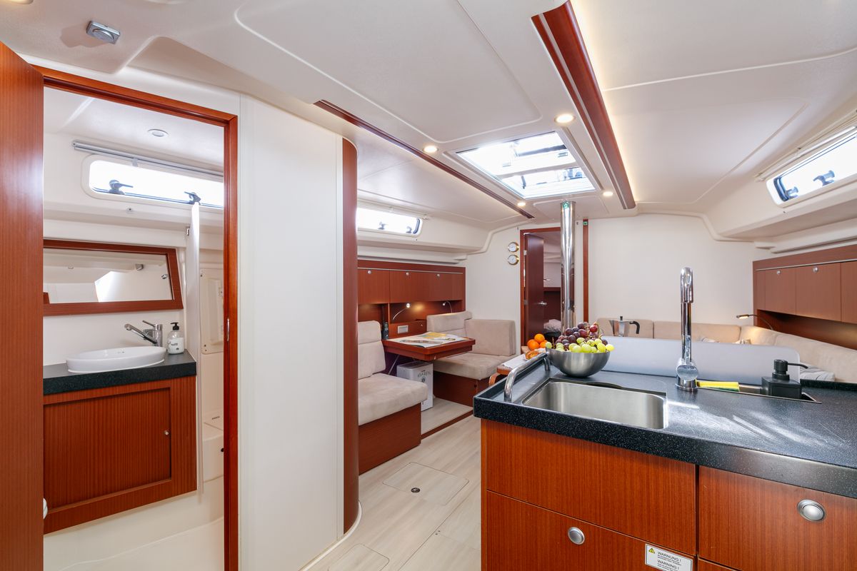 Galley of Kraken, a Hanse Yachts Hanse 415 sailboat at Baiona, Spain