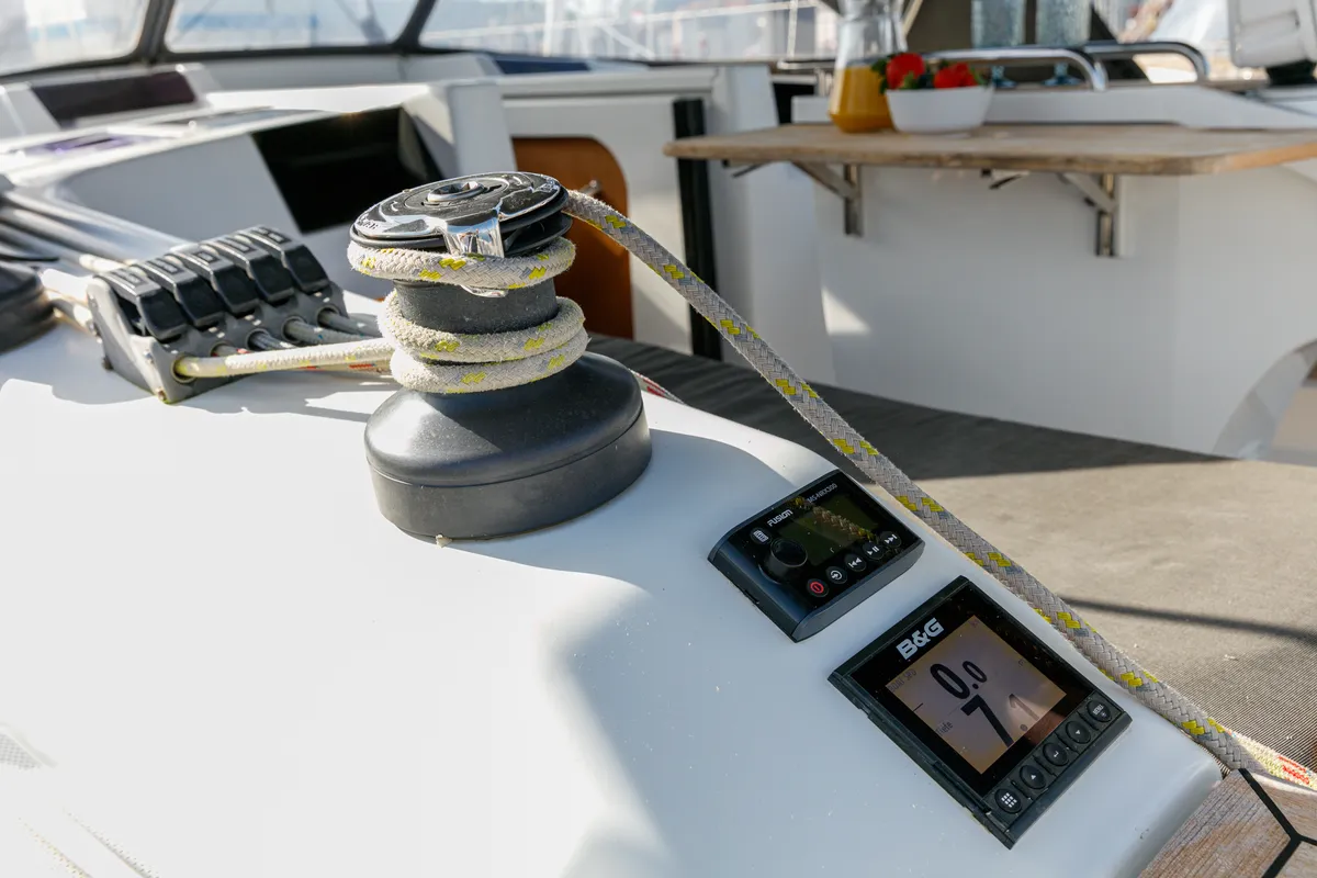 Exterior view of Kraken, a Hanse Yachts Hanse 415 sailboat at Baiona, Spain