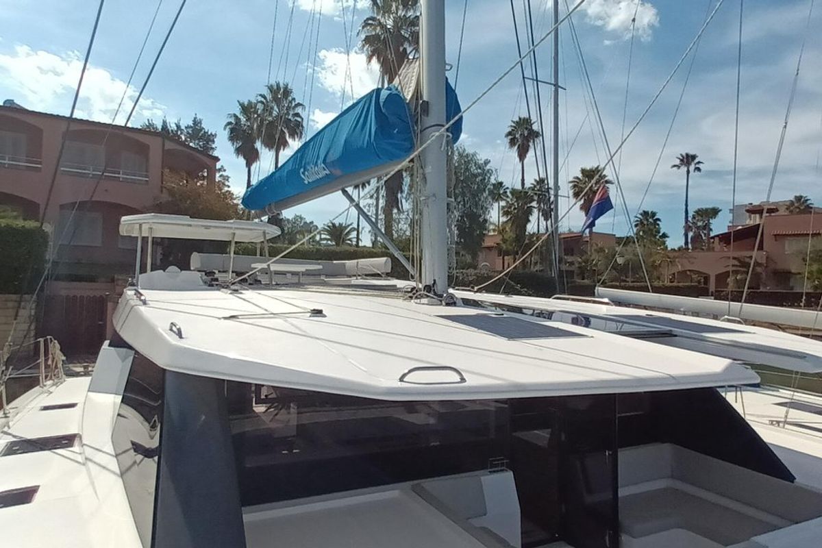 Deck of Pannonica, a Leopard 50 catamaran at Tonnarella, Italy