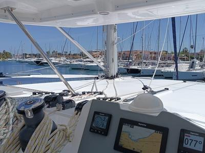 Cockpit of Pannonica, a Leopard 50 catamaran at Tonnarella, Italy