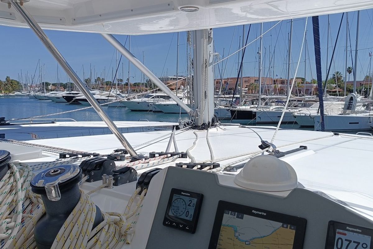 Cockpit of Pannonica, a Leopard 50 catamaran at Tonnarella, Italy