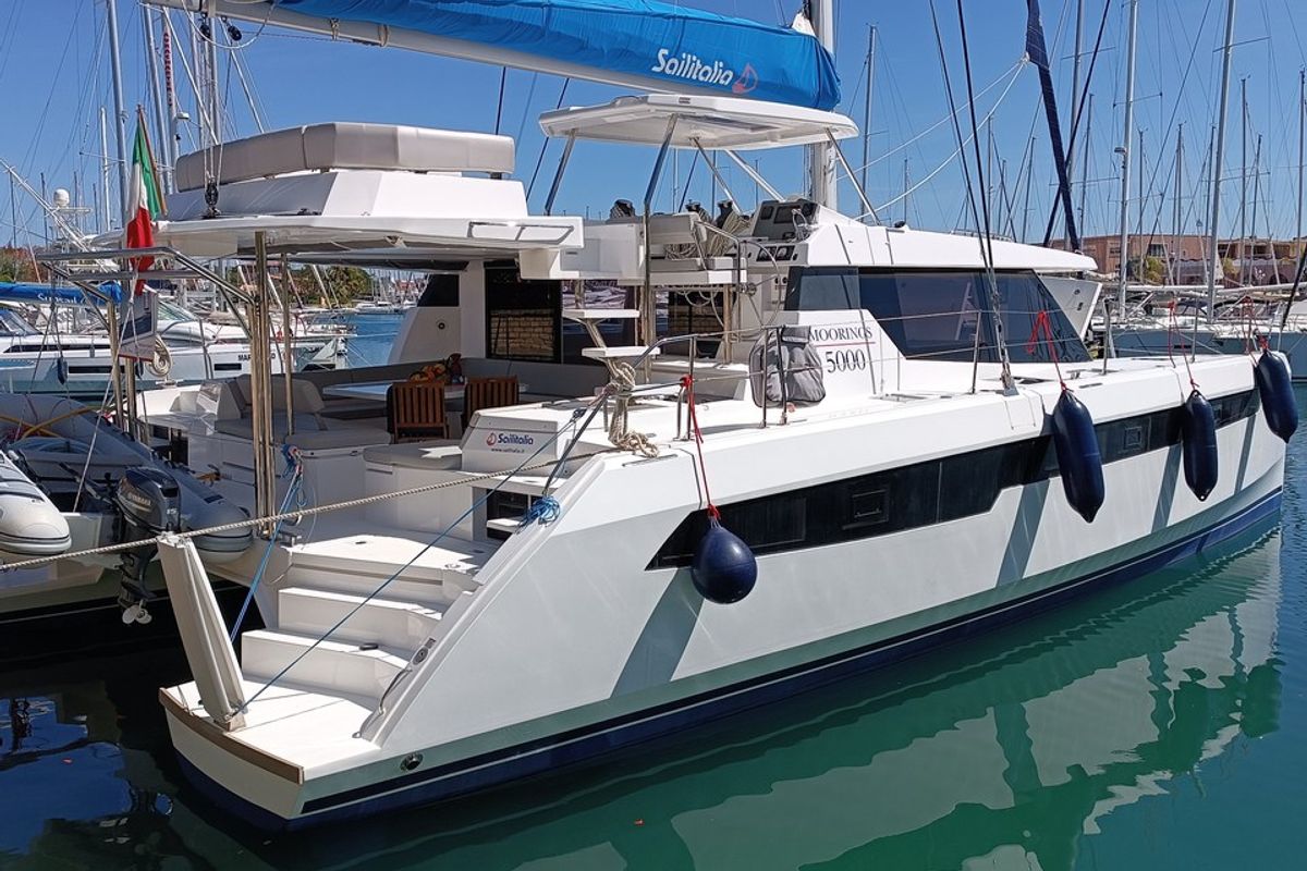 Exterior view of Pannonica, a Leopard 50 catamaran at Tonnarella, Italy